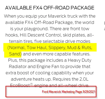 Ford Maverick Standard vs FX4 Drive Modes: Normal, Tow/Haul, Slippery, Mud & Ruts, Sand, Eco and Sport 1632950019643