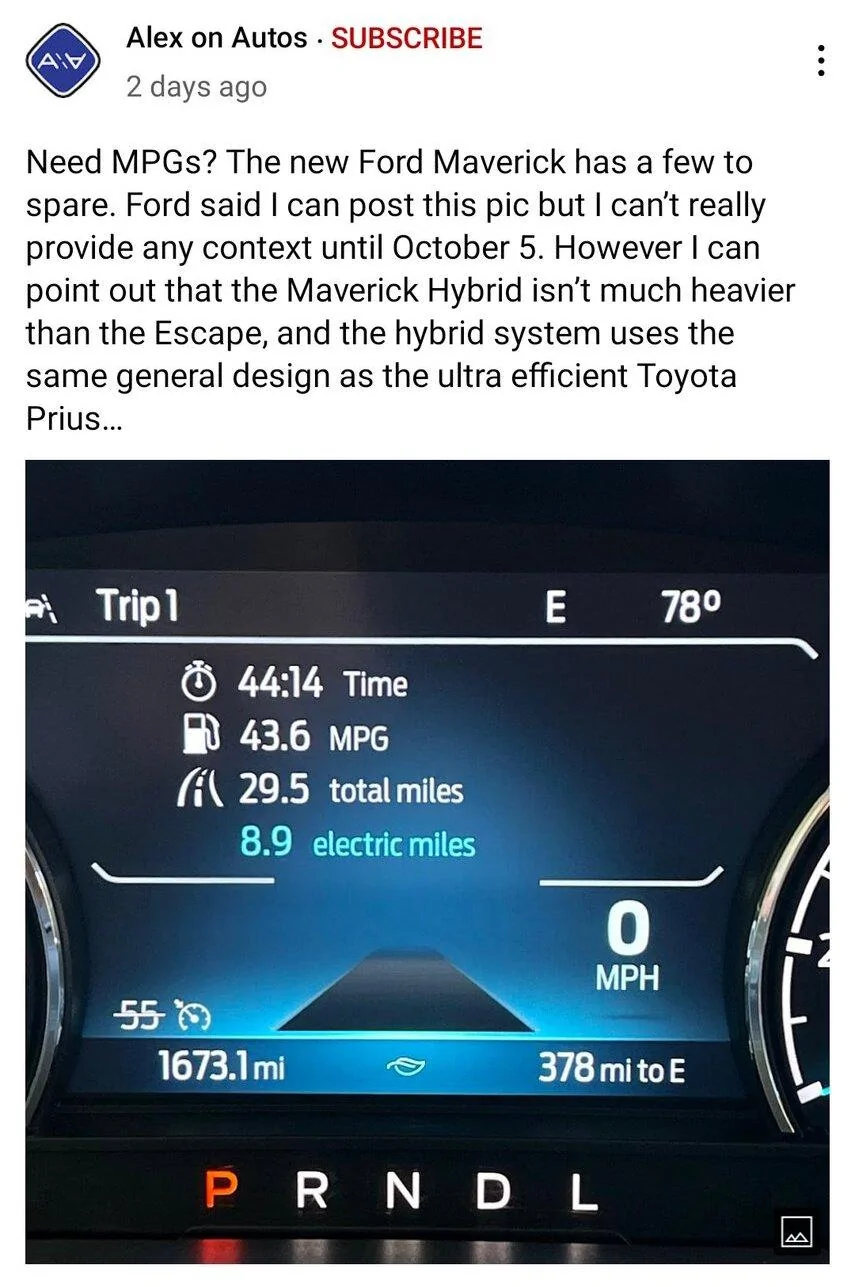 Ford Maverick 43.6 MPG Hybrid Maverick fuel mileage snapshot by Alex on Autos Screenshot_20211001-172300_YouTu
