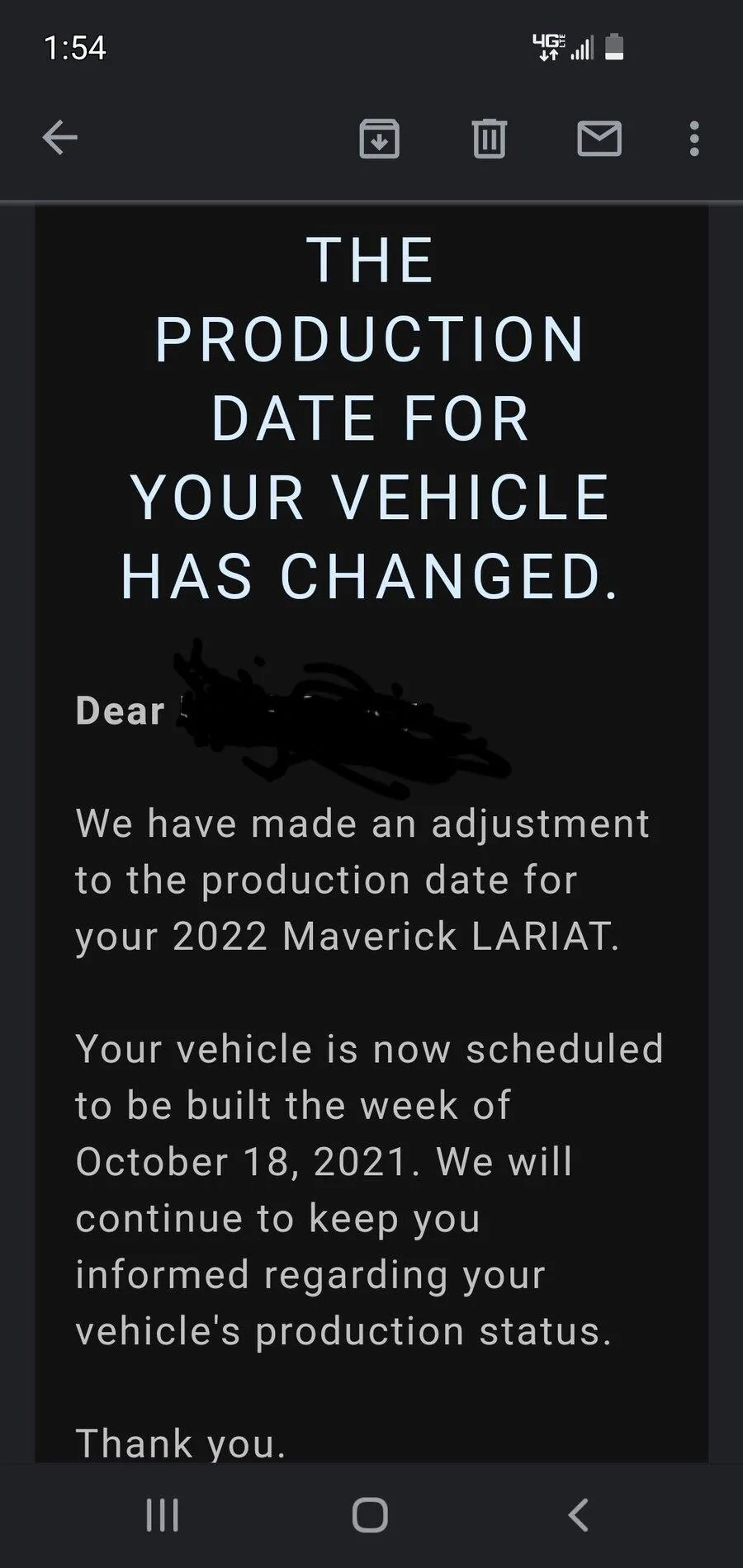 Ford Maverick Arrrgh..originally scheduled for 10/11....I may cry... Screenshot_20211002-135449_Gmail