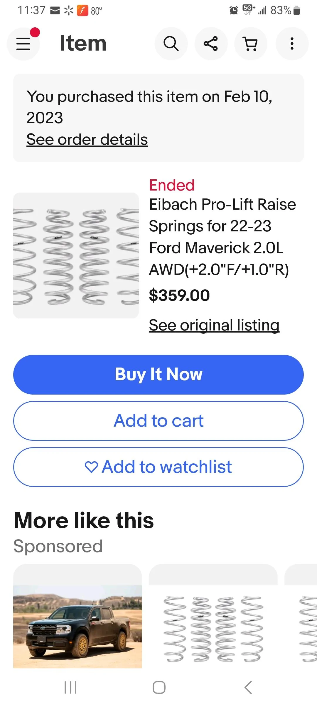 Ford Maverick New Eibach lift springs AWD PRICE DROPPED>> $200... Screenshot_20230306_113734_eBay