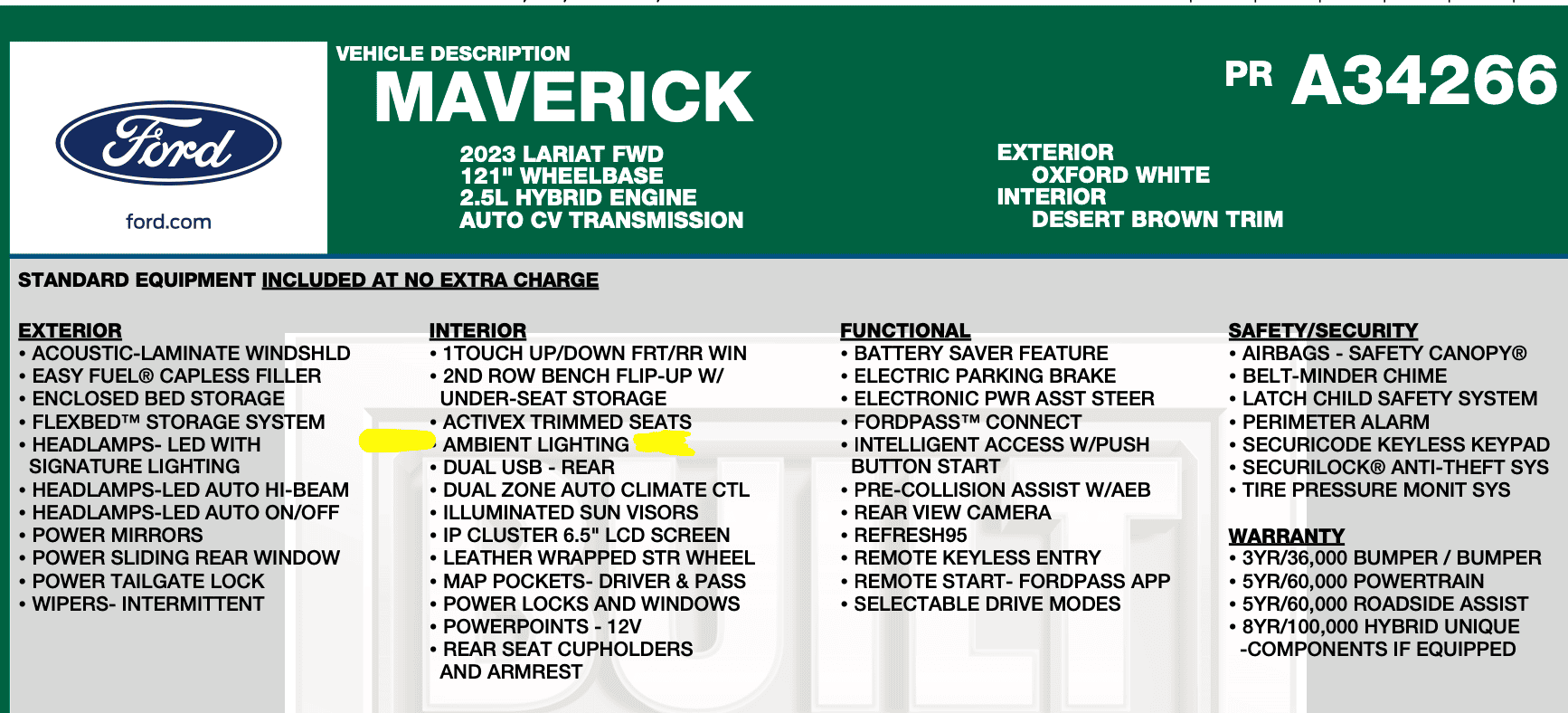 Ford Maverick 2023 Lariat Lux - No Ambient Light Screenshot 2023-03-07 at 11.33.32 AM