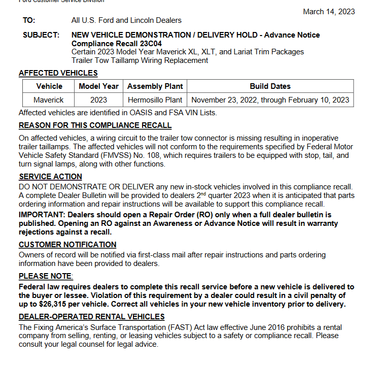 Ford Maverick 2023 Maverick TRAILER TOW RECALL Advance Notice (11/23/22 - 2/10/23 Production Vehicles) 1678824015227
