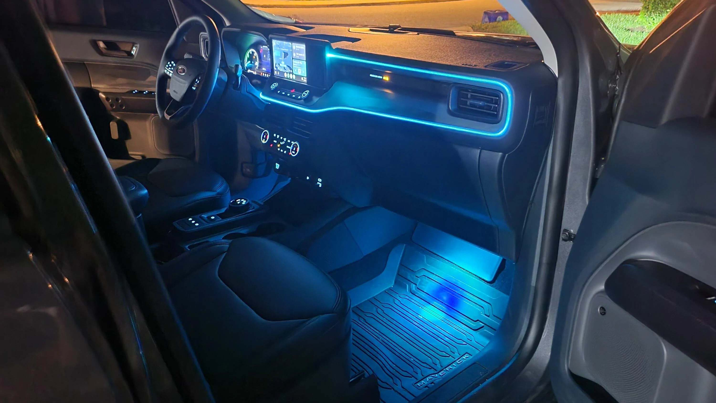 Ford Maverick Installed Dash Trim Outline Lights and Floor LED Lighting 20230329_201927