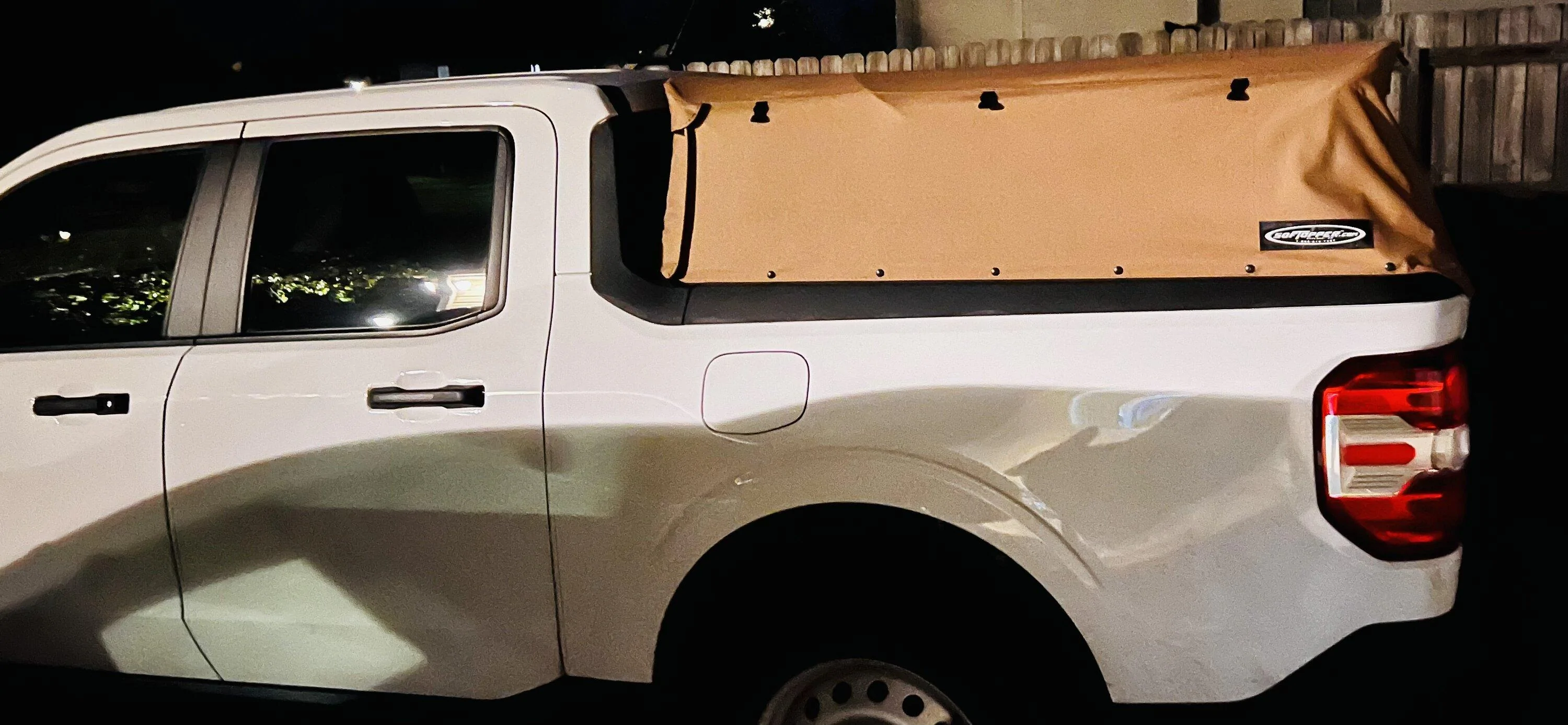 Ford Maverick Tan SofTopper installed on White XL 21FEEF17-BF3A-4F0A-8354-830F166F02F8