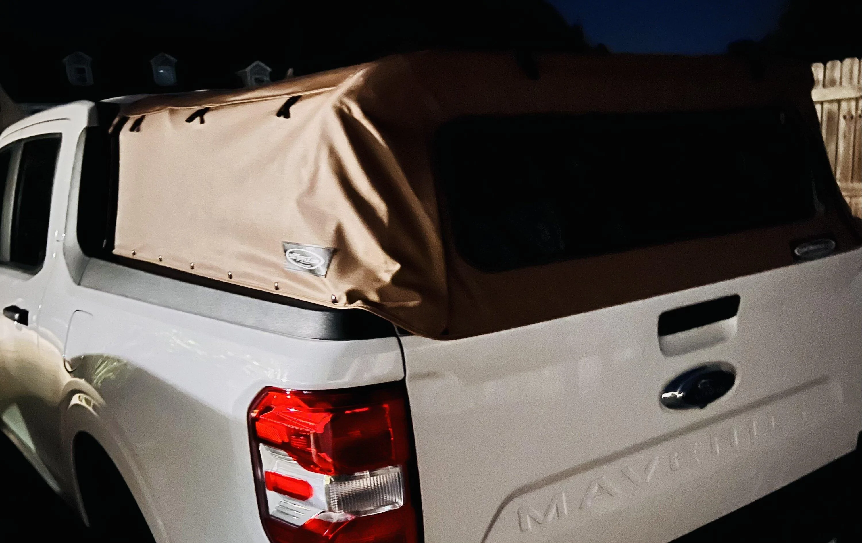 Ford Maverick Tan SofTopper installed on White XL 2273657F-BCDB-4DDA-9C72-D5B1309ABD5B
