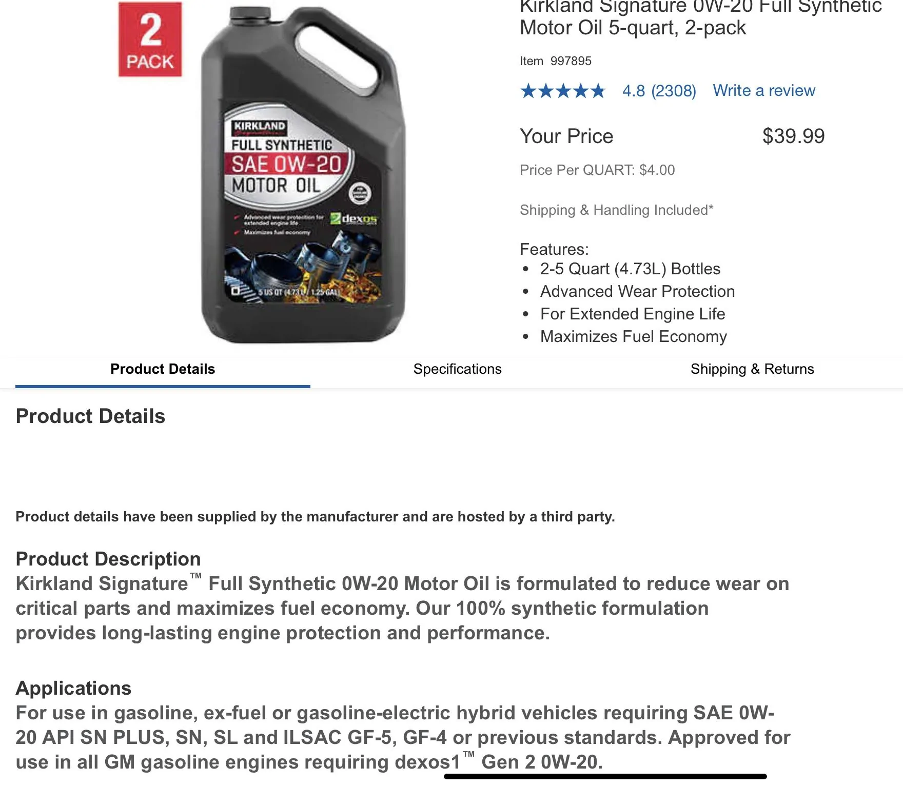 Ford Maverick Costco / Kirkland full synthetic oil is not certified for use in any Ford IMG_1285