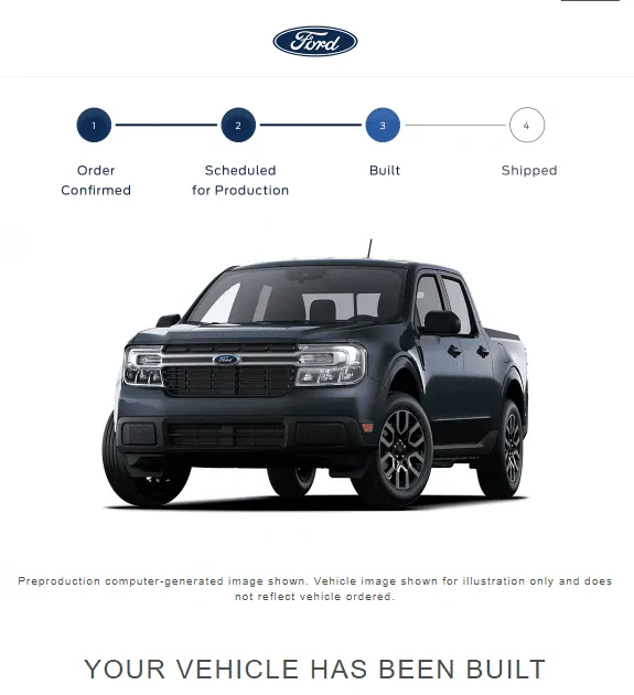 Ford Maverick E-mail from Ford when reaching "Built" status? 1681161713432
