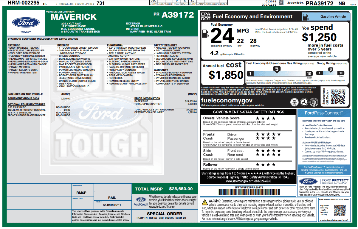 Ford Maverick Window Sticker Has No Options - Ford Support Shows Them 1681248345633