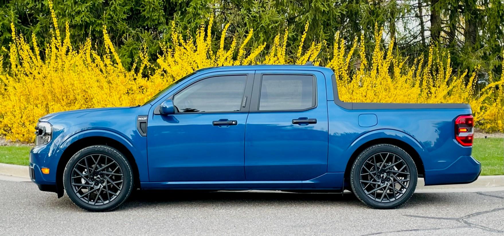 Body colored, lowered Atlas Blue Maverick on 20's Mach-E Wheels ...