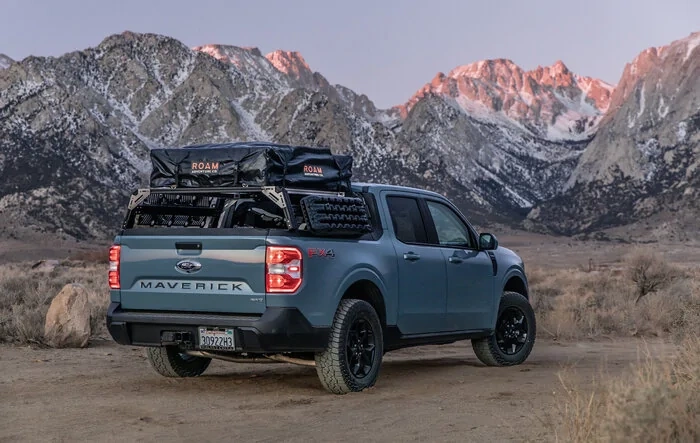 Maverick set up for camping & light off-roading with bed rack and RTT! Xtrusion, ROAM rooftop tent, Fordrangerlifts, Falken