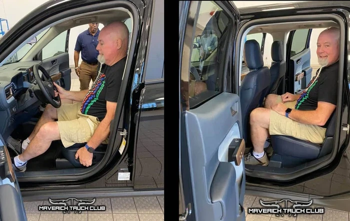5'11" / 220 lb guy shows front & rear legroom and headroom in 2022 Maverick Lariat