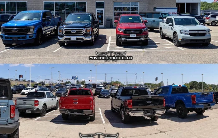 Cactus Gray 2022 Maverick lines up vs a Ranger, F150 and Super Duty