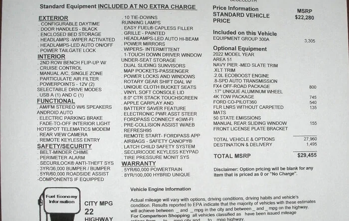 Window Stickers show 22/29 MPG for Maverick 2.0L EcoBoost AWD 4K Tow