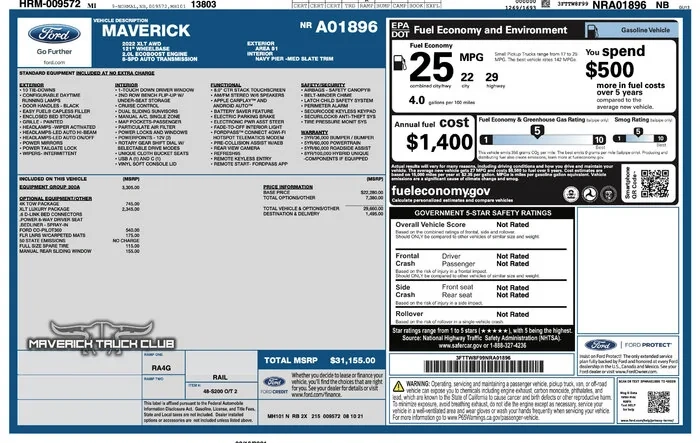 Official 2022 Maverick Window Sticker for 2.0L AWD 4K Tow – 22 / 29 / 25 EPA MPG