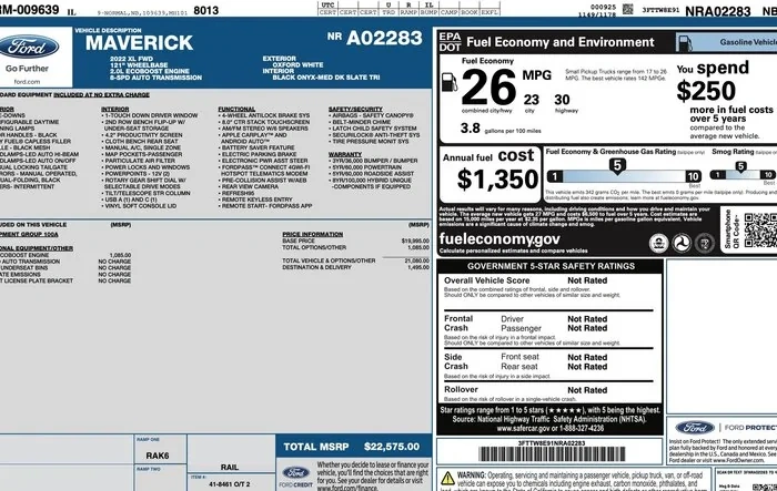 Official 2022 Maverick Window Sticker for 2.0L FWD – 23 / 30 / 26 EPA MPG