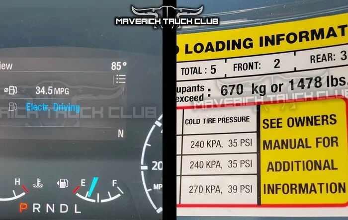 🔋 Hybrid Maverick Lux Showing 34.5 MPG and 1,478 Lbs Payload Sticker