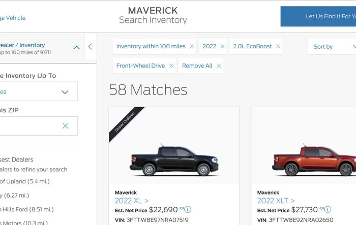 How to search Maverick inventory at dealers - near you and more than 100 miles radius