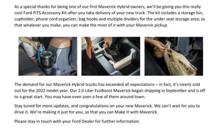 Ford Letter to Hybrid Order Holders -- nearly sold out for 2022 + free FITS Accessory Kit