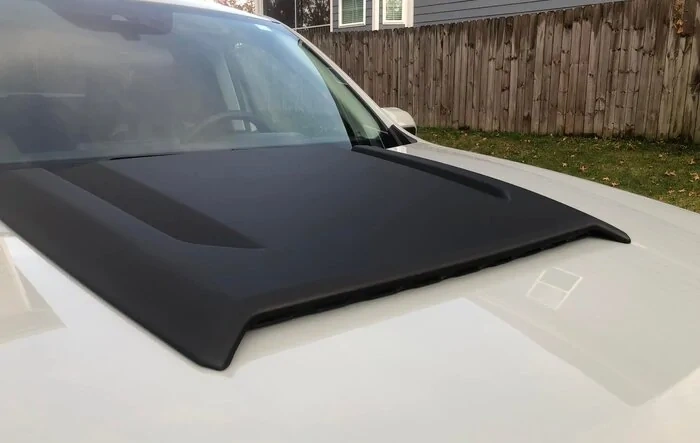 Closer look at Satin Black Hood Scoop installed on Maverick