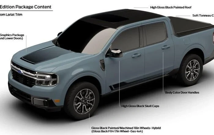 Maverick First Edition graphics, wheels, black roof, soft tonneau shown in infographic from Maverick marketing team