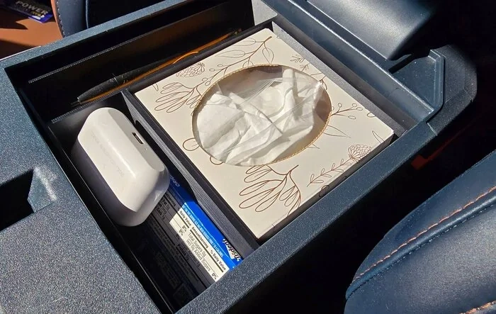 New Center Console Organizer 3D Print - Designed one to hold a tissue box with a large storage hidden under the tissue box, 3D Printed