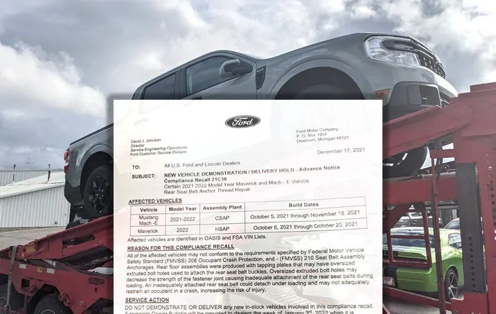 Recall 21C36 / Delivery Hold / Stop Sale: 2022 Maverick produced Oct 6 - Oct 20, 2021 [Rear Seat Belt Anchor Thread Repair]