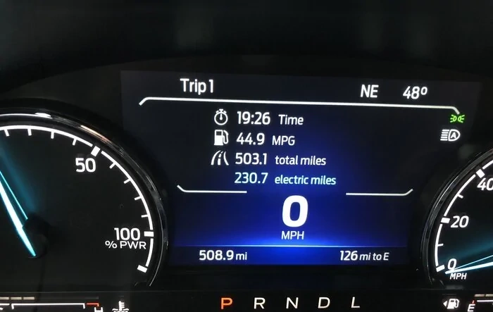 Hybrid mileage at 500 miles: 44.9 MPG (600+ miles per tank)