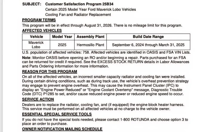 Recall 25B34 : Radiator & Fan Replace - 2025 Maverick Lobo