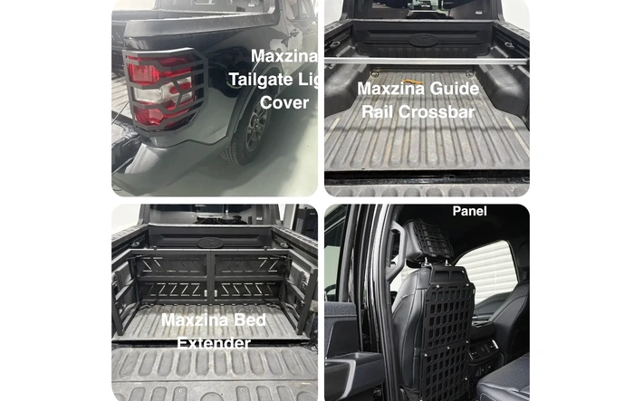 Maxzina new release coming! Cargo bar, bed divider molle panel, bed extender, tail light cover, seat back molle panel