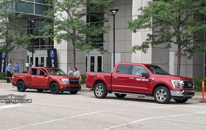Hot Pepper Red Maverick vs Rapid Red F-150 - colors and size comparison look