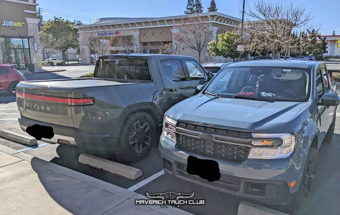 Maverick vs Rivian parked side-by-side [NA Truck of the Year Finalists]