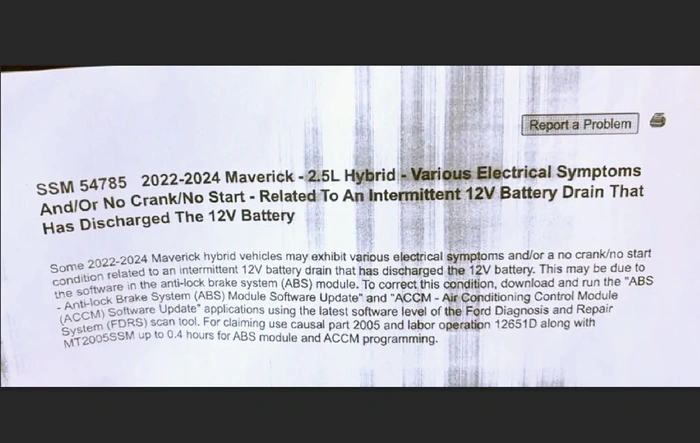 Maverick Hybrid Deep Sleep "Fix" - SSM 54785 (2022-2024 Maverick - 2.5L Hybrid - No Crank/No Start related to 12V Battery Drain That Has Discharged)