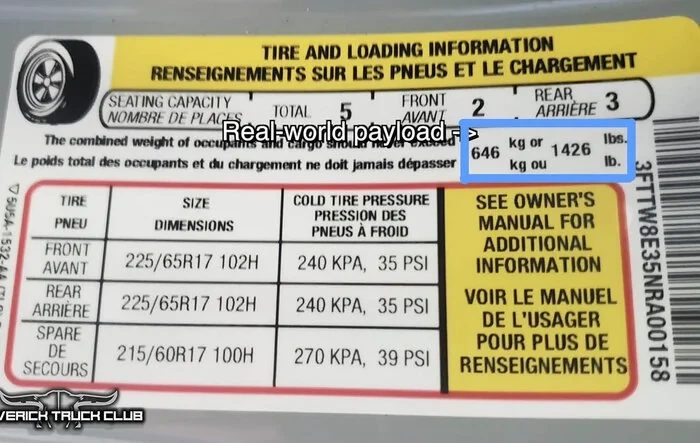 Maverick Hybrid XLT Payload Rating is ~ 1426 Lbs (per captured yellow sticker! )